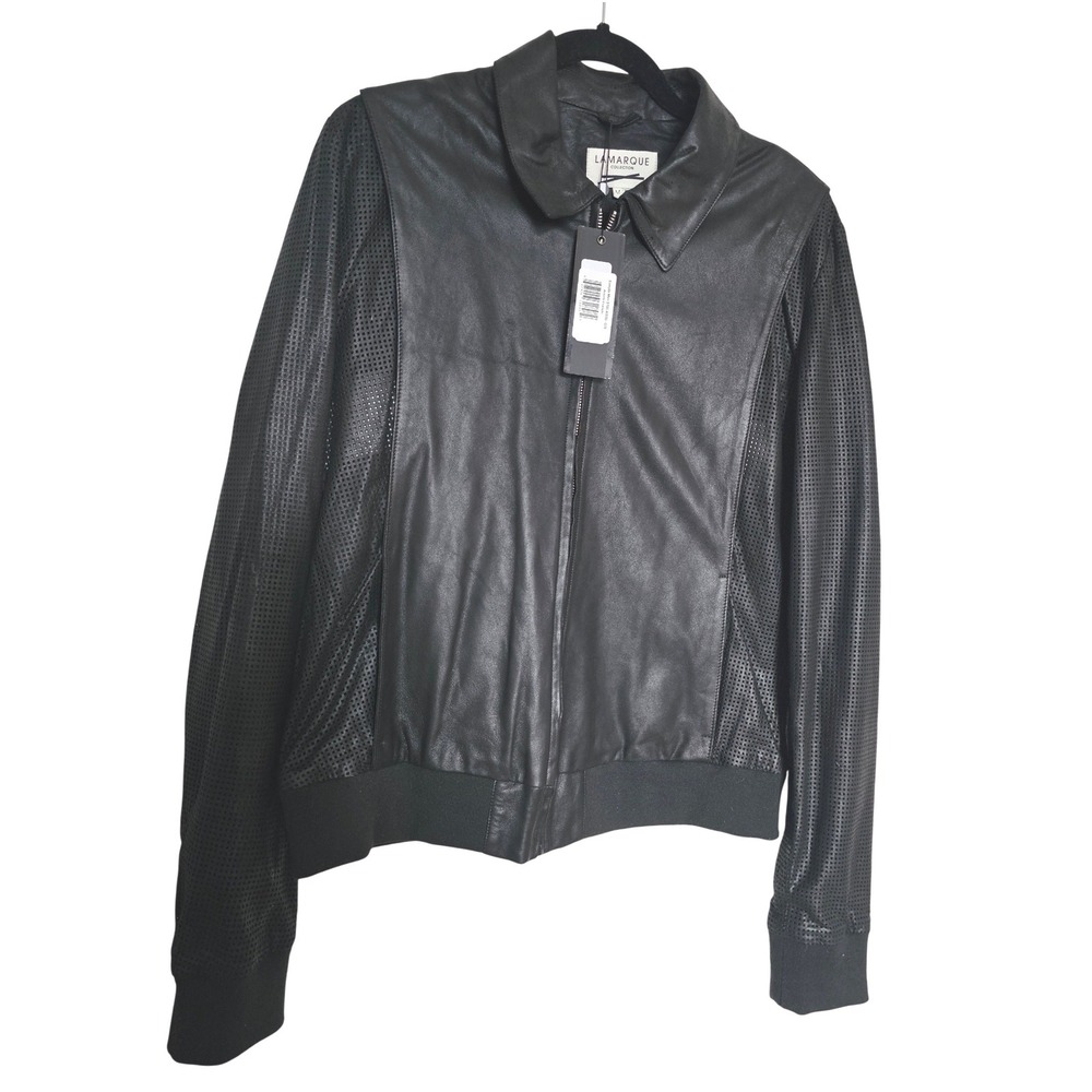 LAMARQUE Collection Black Leather‎ Perforated Sleeve Bomber Jacket Size M